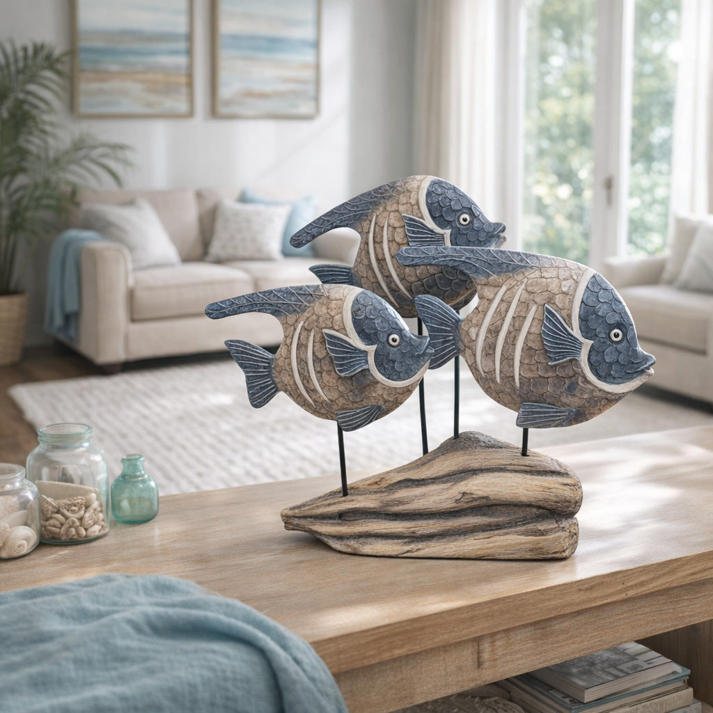Las Lomas Blue/White/Natural 3 Fish Wood on Stand