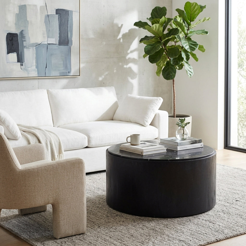 Johnsville Black/White Marble Inlay Round Coffee Table