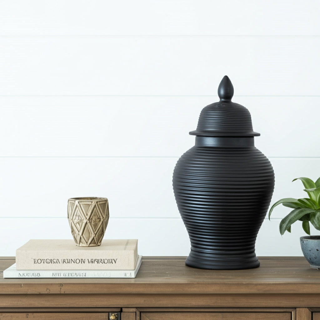 Owenshaw Black Ceramic Ribbed Temple Jar