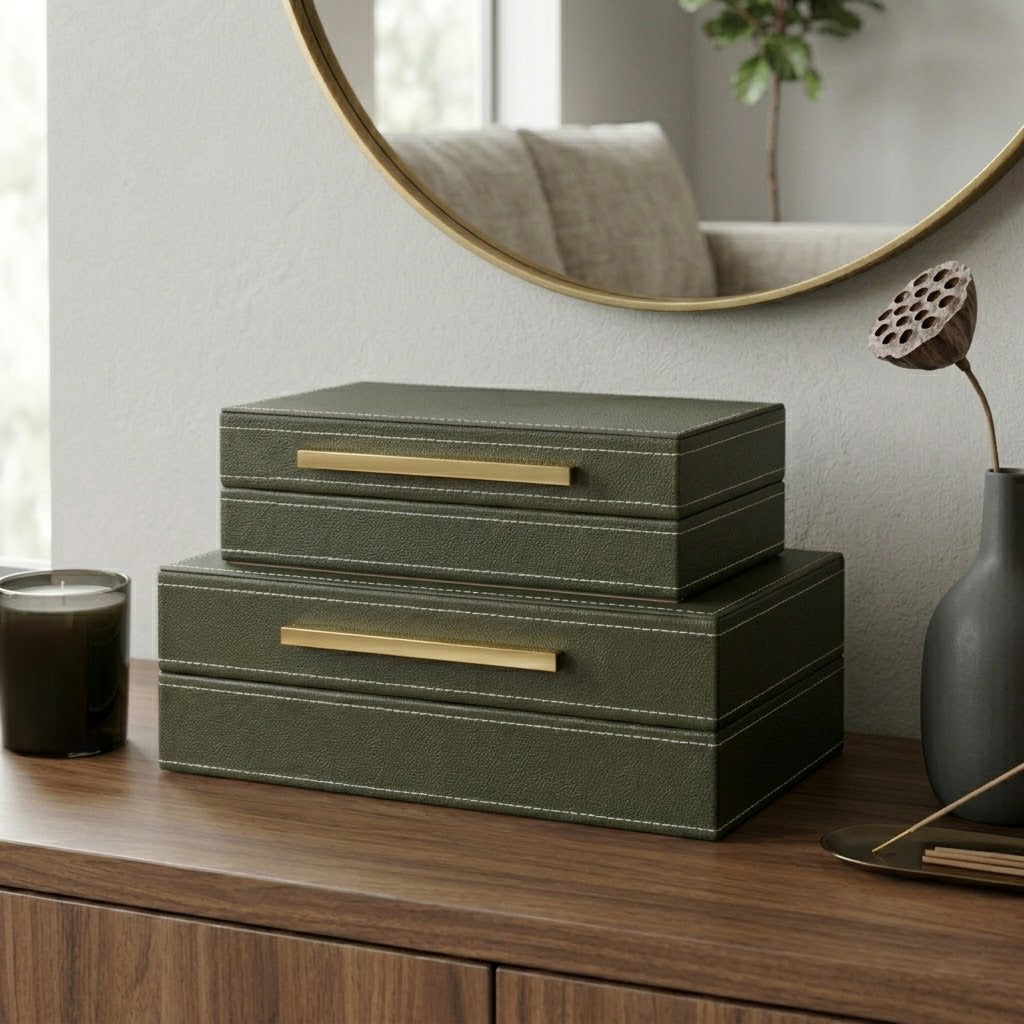 Chester Green/Gold/Multicolor Faux Leather Stitched Edge Boxes (Set of 2)