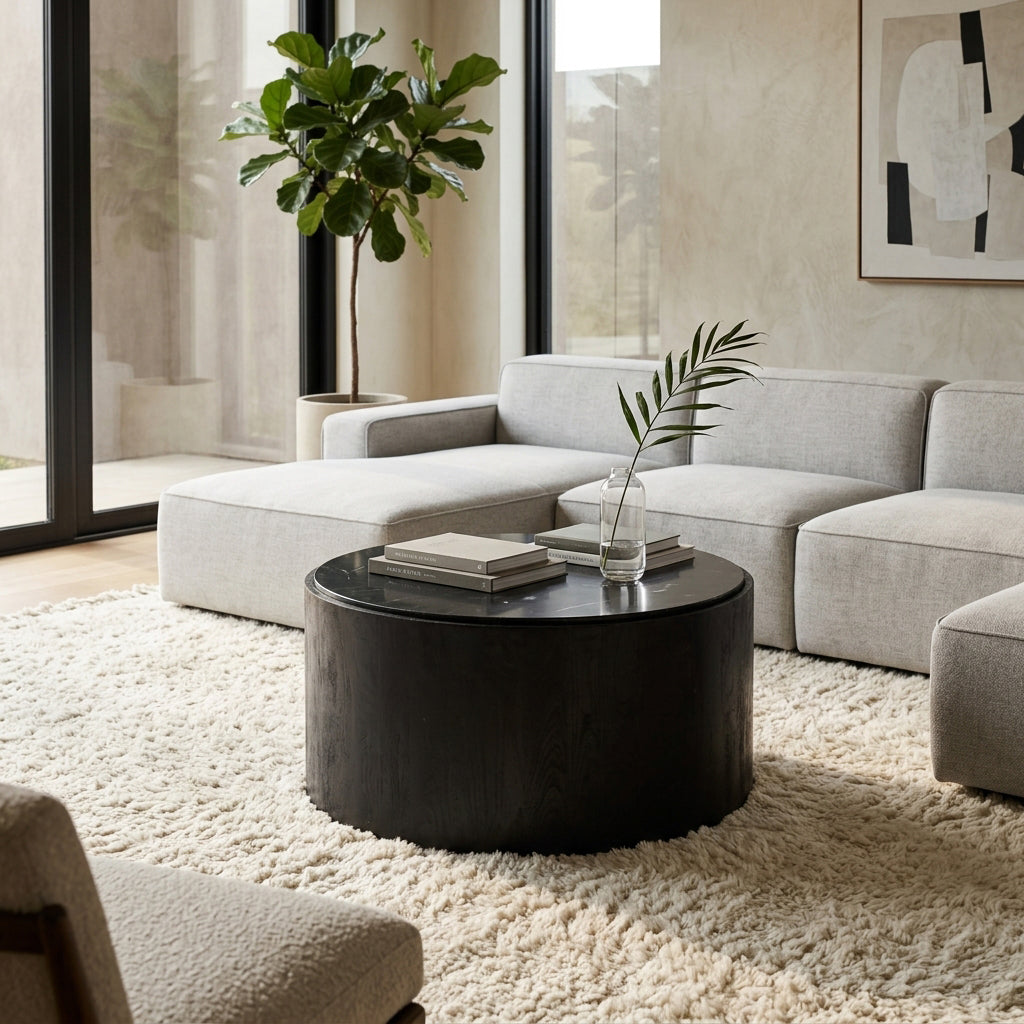 Johnsville Black/White Marble Inlay Round Coffee Table