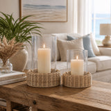 Woodfords Natural Raffia Base Hurricanes (Set of 2)