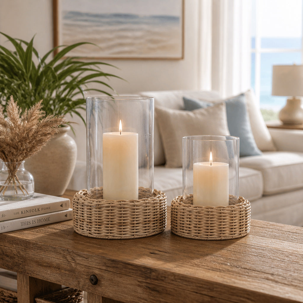 Woodfords Natural Raffia Base Hurricanes (Set of 2)