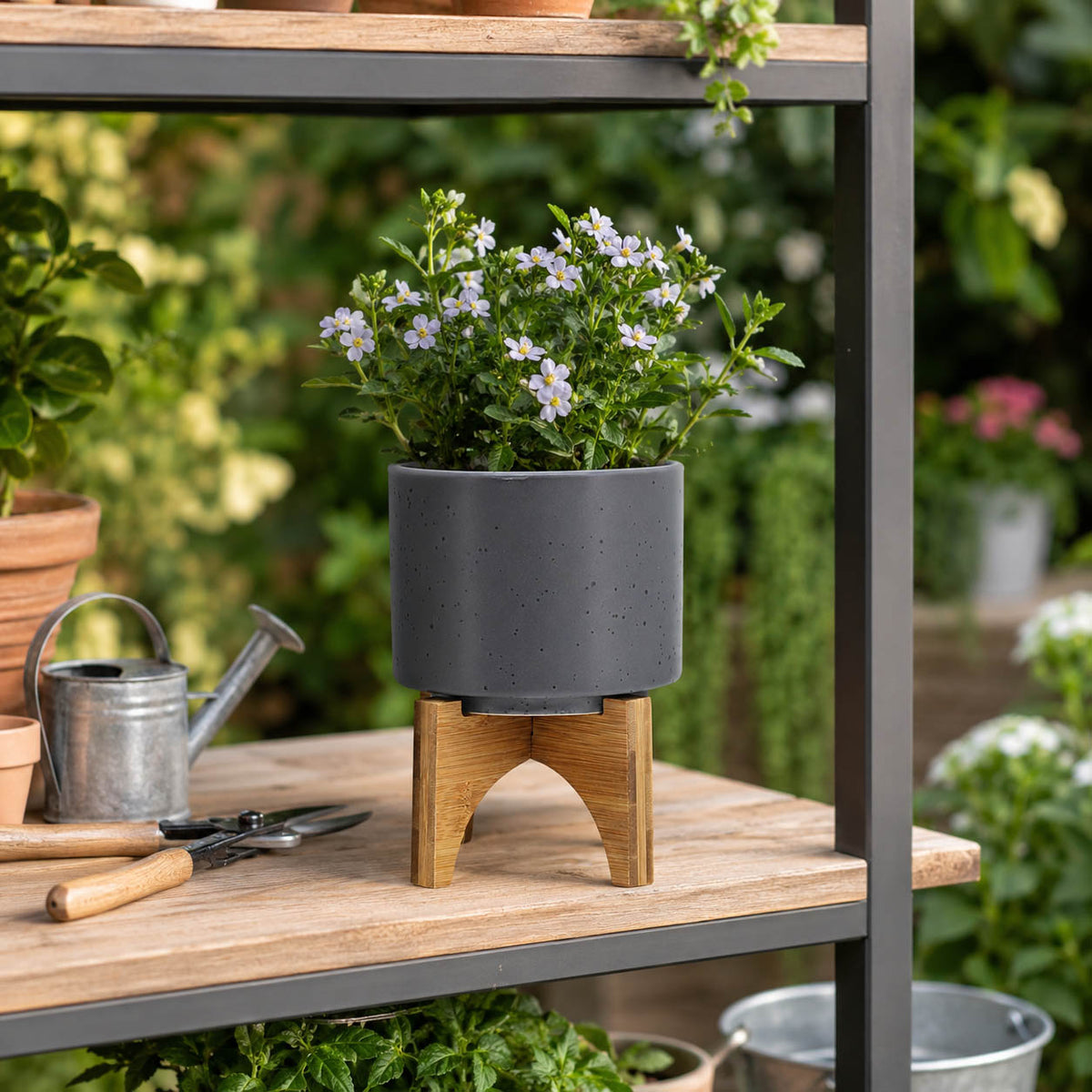 Swiss Bar Gray/Brown Planter with Wood Stand