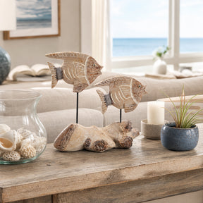 Shandon Tan/White 2 Fish Natural Wood on Stand