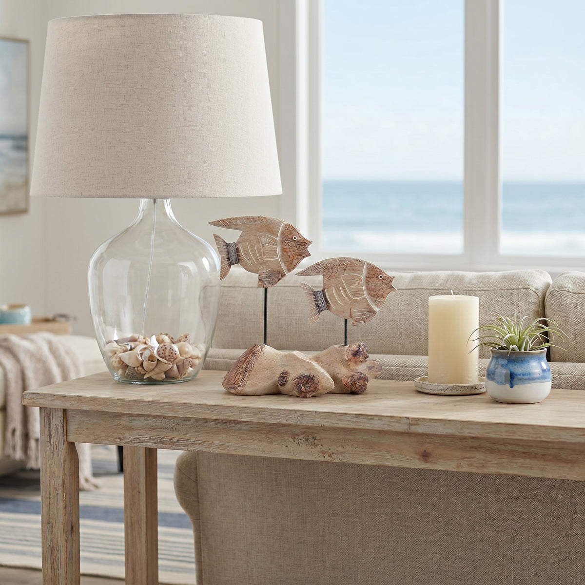 Shandon Tan/White 2 Fish Natural Wood on Stand