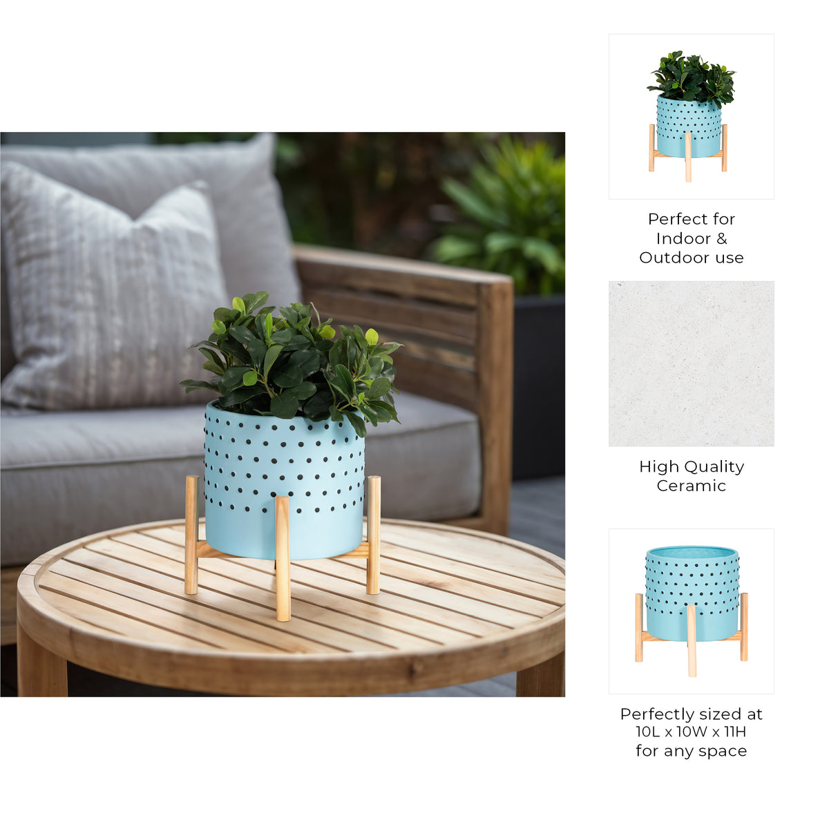 Watsonville Blue Dotted Planter with Wood Stand