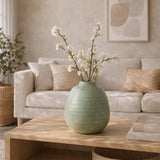 Chipps Dark Sage Ceramic Stripe Oval Vase - 17415-03EC