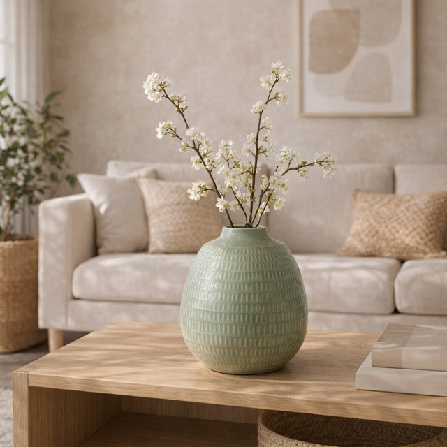 Chipps Dark Sage Ceramic Stripe Oval Vase - 17415-03EC