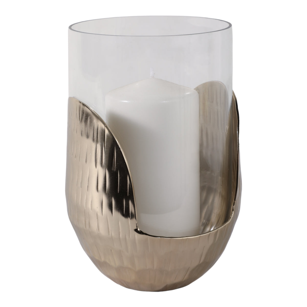 Studebaker Gold/Clear Metal Base Hurricane Pillar Holder