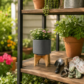 Swiss Bar Gray/Brown Planter with Wood Stand