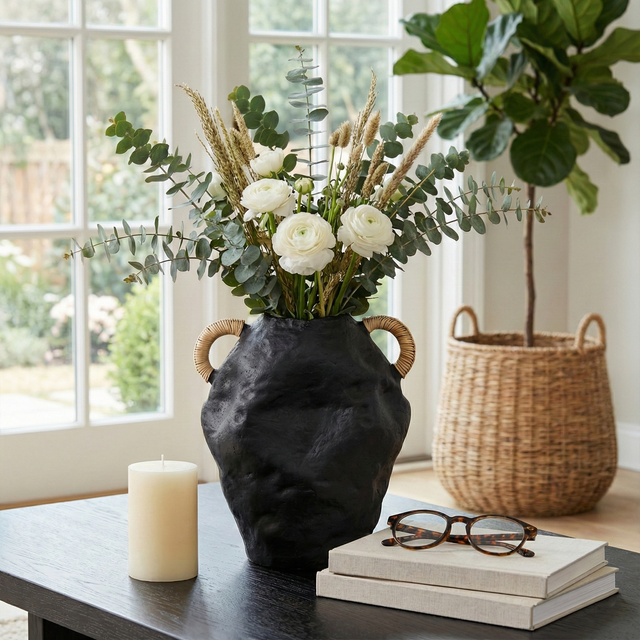Meeks Bay Black Terracotta Jug Vase with Rattan Handles