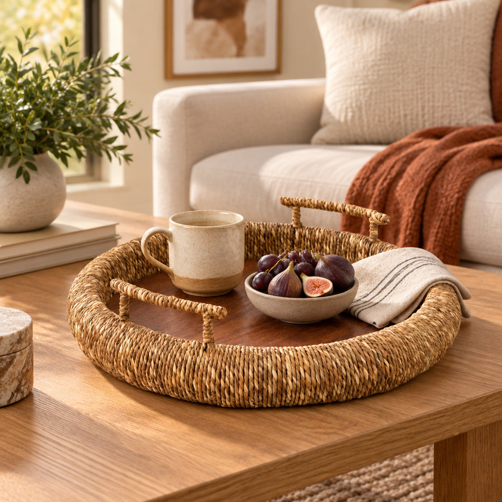 Canby Cross Brown Wood Tray with Seagrass Edge Brnz Handle