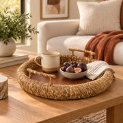 Canby Cross Brown Wood Tray with Seagrass Edge Brnz Handle