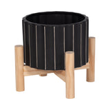 Doyle Black Ceramic Fluted Planter with Wood Stand