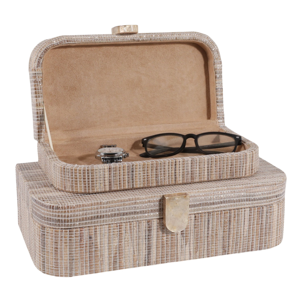 Mono Vista Brown Raffia Boxes with Round Edge Capiz Hardware (Set of 2)