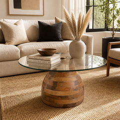 Barrett Natural Striped Wood Coffee Table with Glass Top
