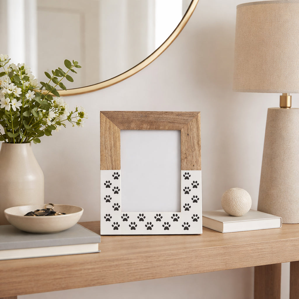 Mabie White/Brown Wood 5x7 Dog-Paws Photo Frame