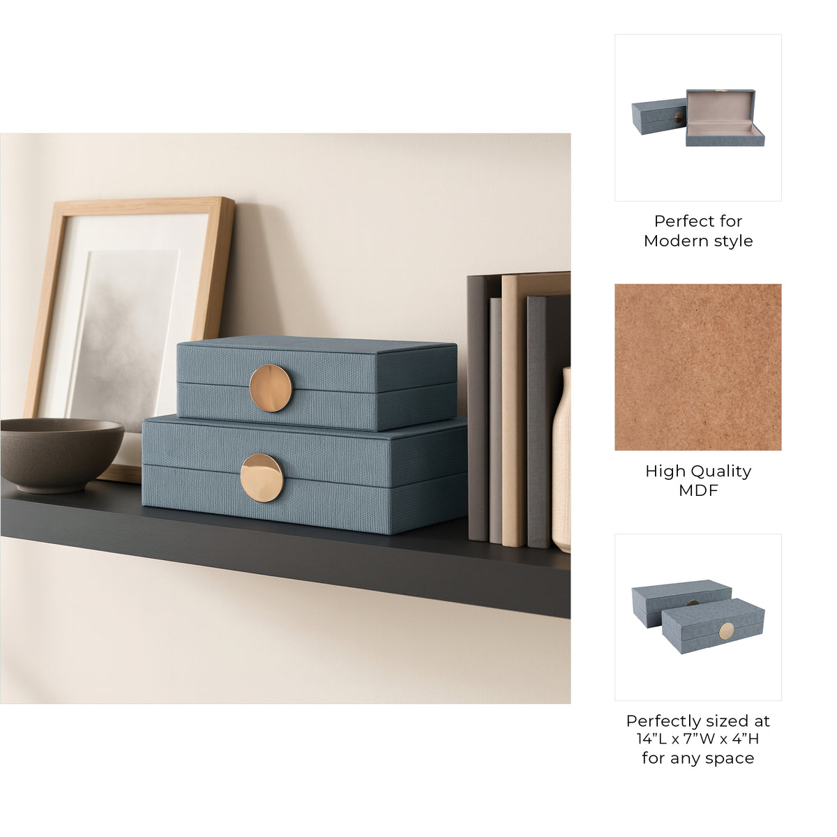 Guatay Blue/Gray/Gold Rectangular Faux Leather Boxes (Set of 2)