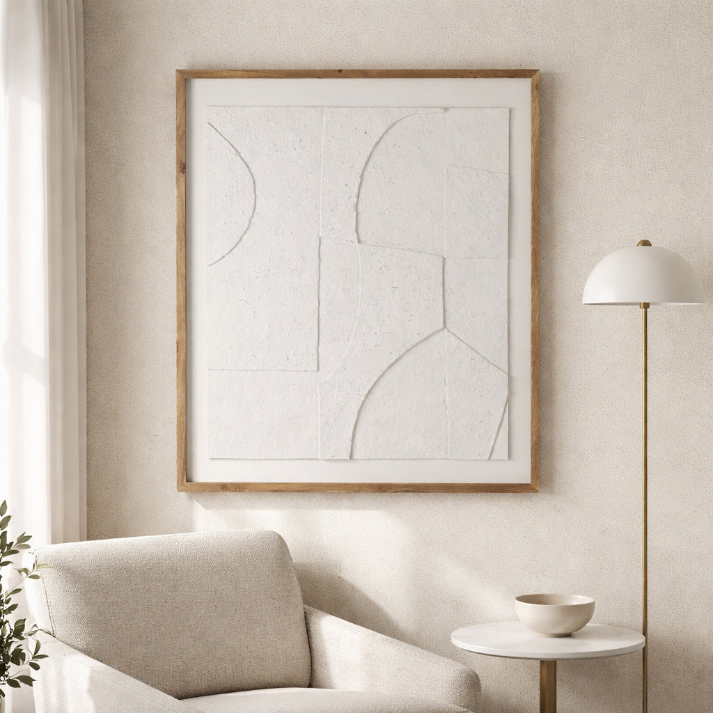 Big Pines White/Brown Paper Mache Wall Art with Wooden Frame and Glass
