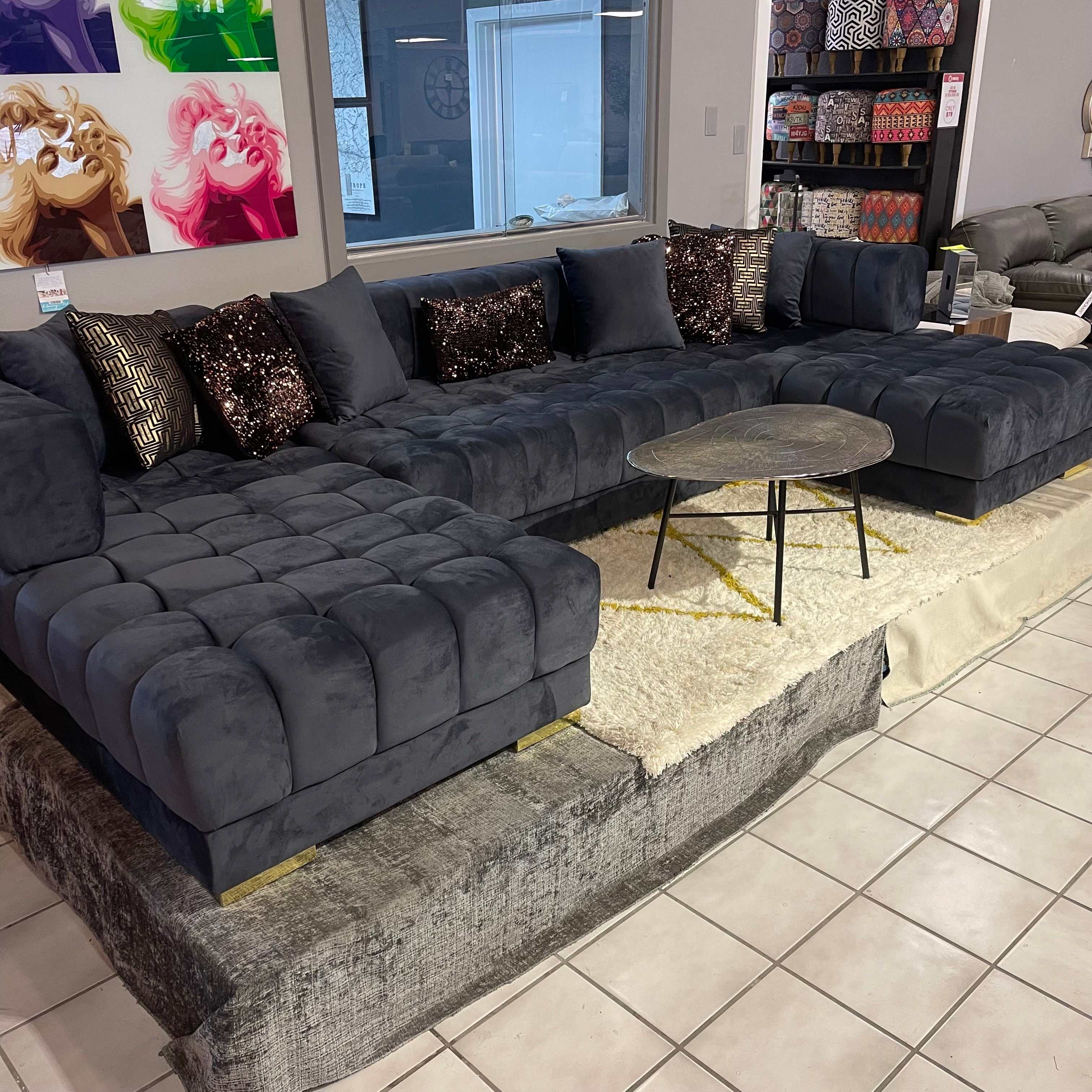 Ariana Gray Velvet Double Chaise "U" Shape Sectional Sofa - Ornate Home