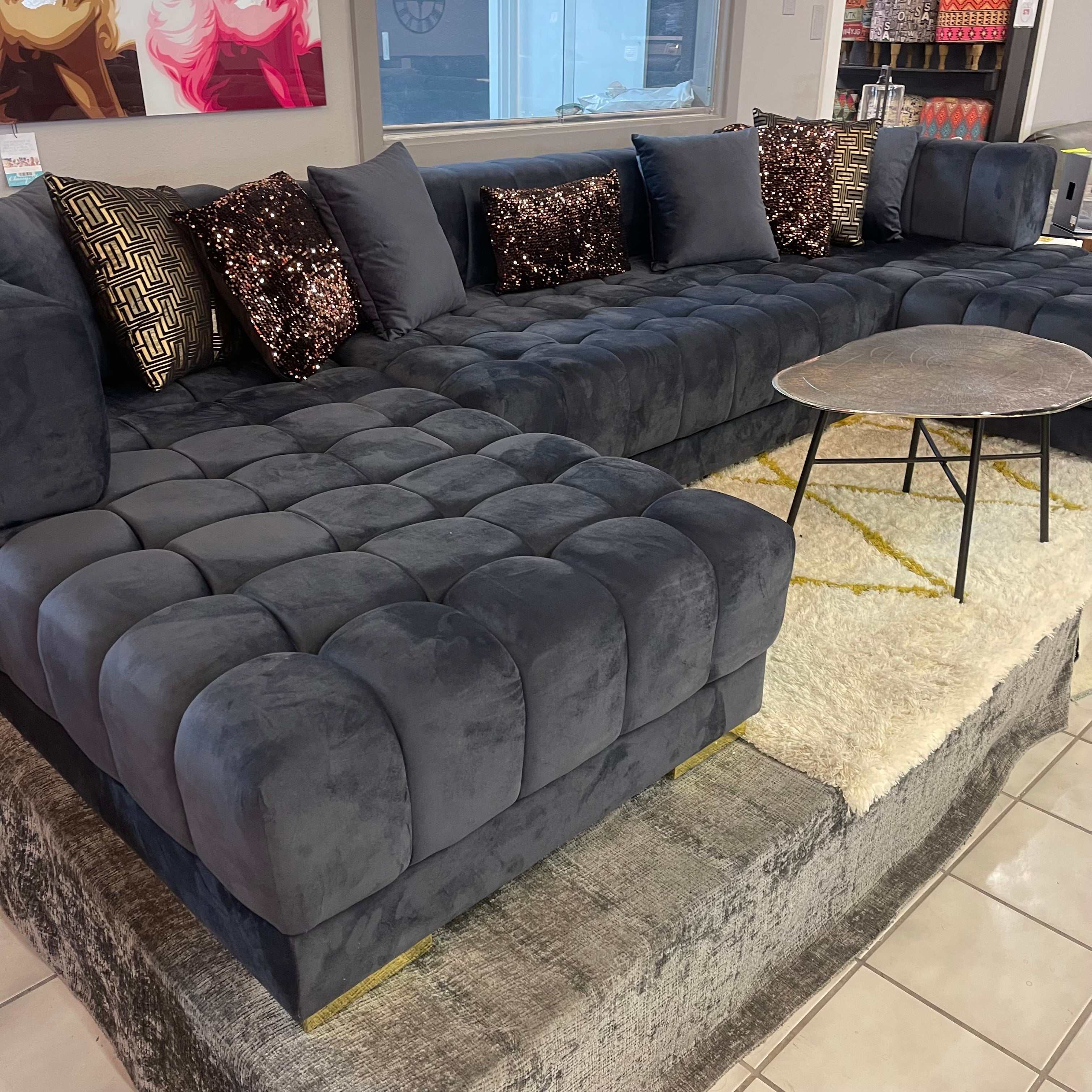 Ariana Gray Velvet Double Chaise "U" Shape Sectional Sofa - Ornate Home