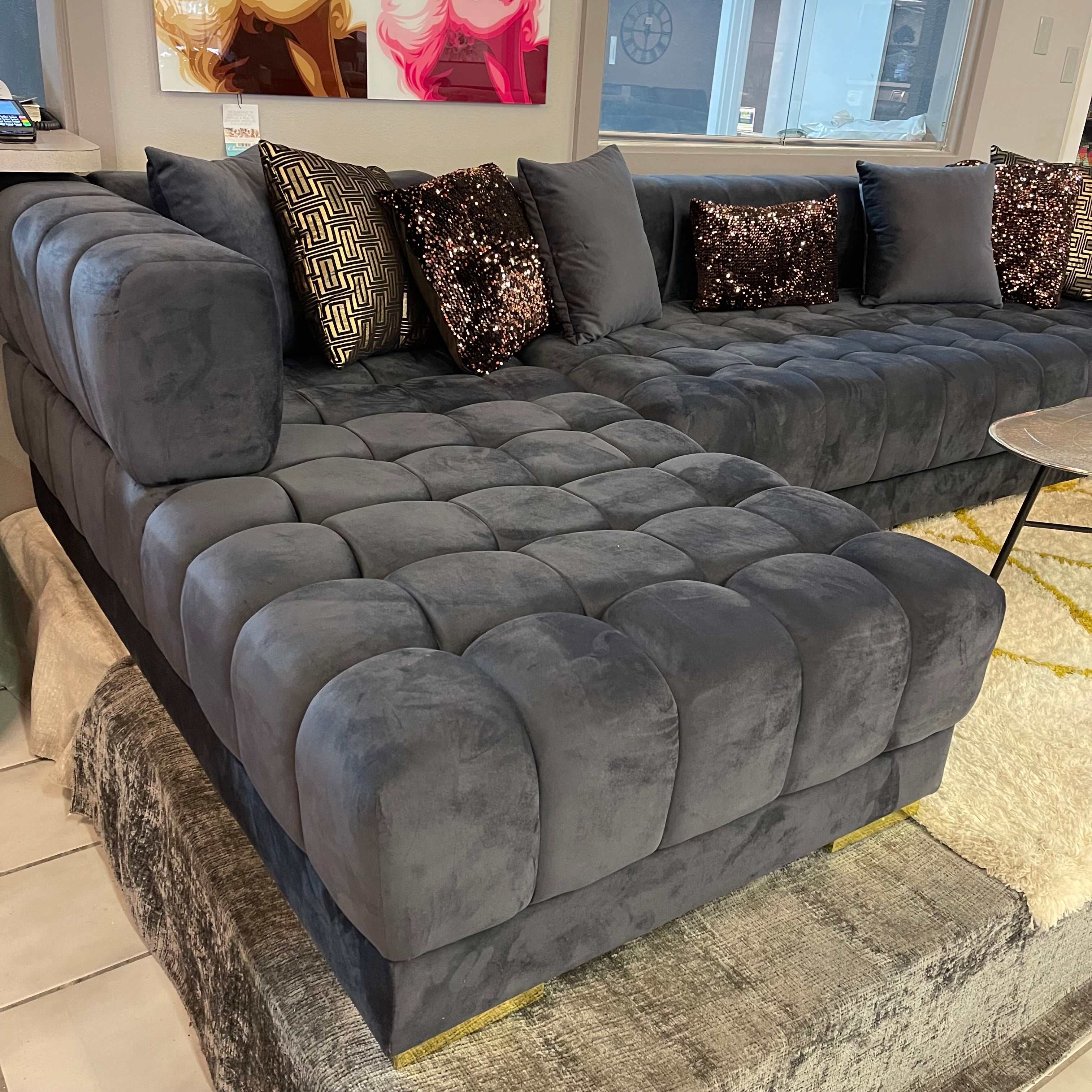 Ariana Gray Velvet Double Chaise "U" Shape Sectional Sofa - Ornate Home