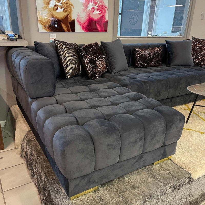 Ariana Gray Velvet Double Chaise "U" Shape Sectional Sofa - Ornate Home