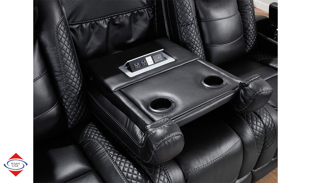 Snowbird Black Fabric Dual Power Reclining Sofa with Drop-Down Table