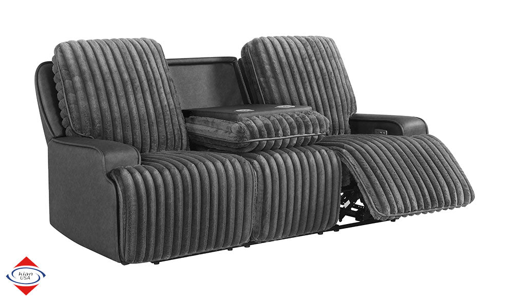 Escalante Two-Tone Grey Fabric & Leatherette Power Reclining Sofa with Drop-Down Table