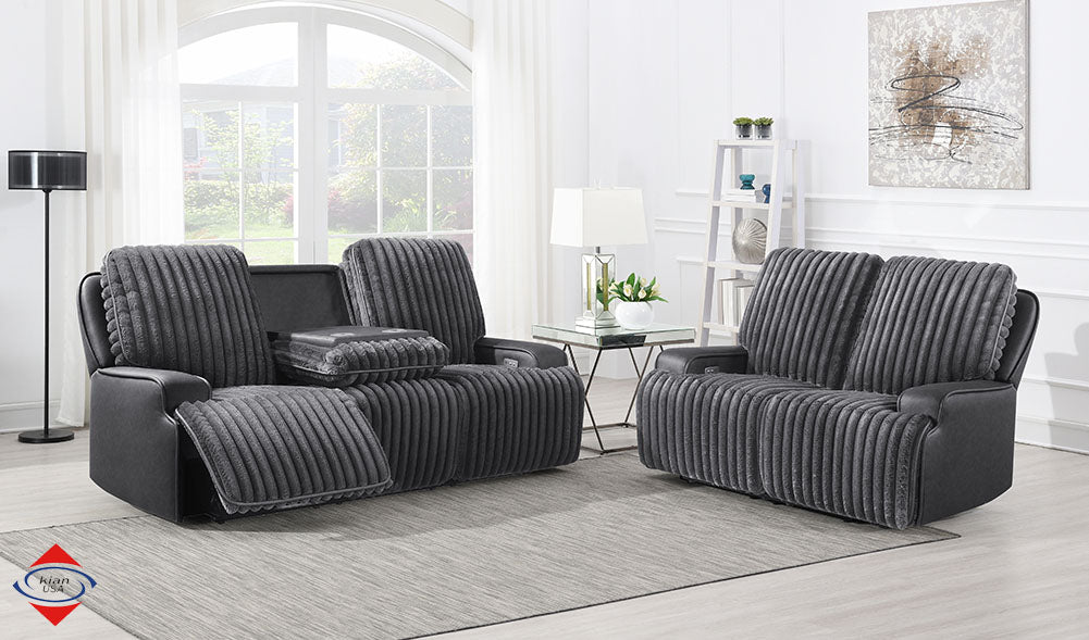 Escalante Two-Tone Grey Fabric & Leatherette Power Reclining Sofa with Drop-Down Table