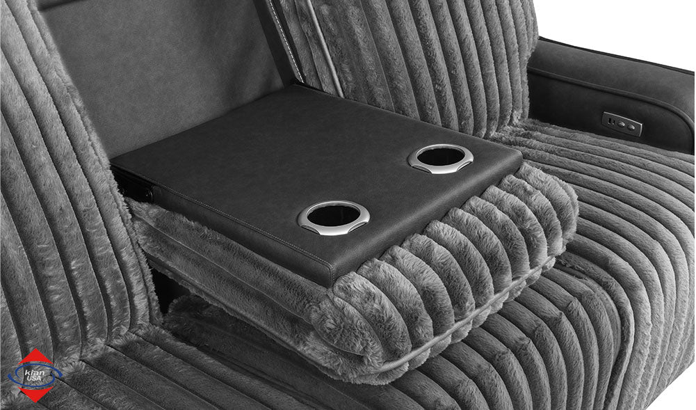 Escalante Two-Tone Grey Fabric & Leatherette Power Reclining Sofa with Drop-Down Table