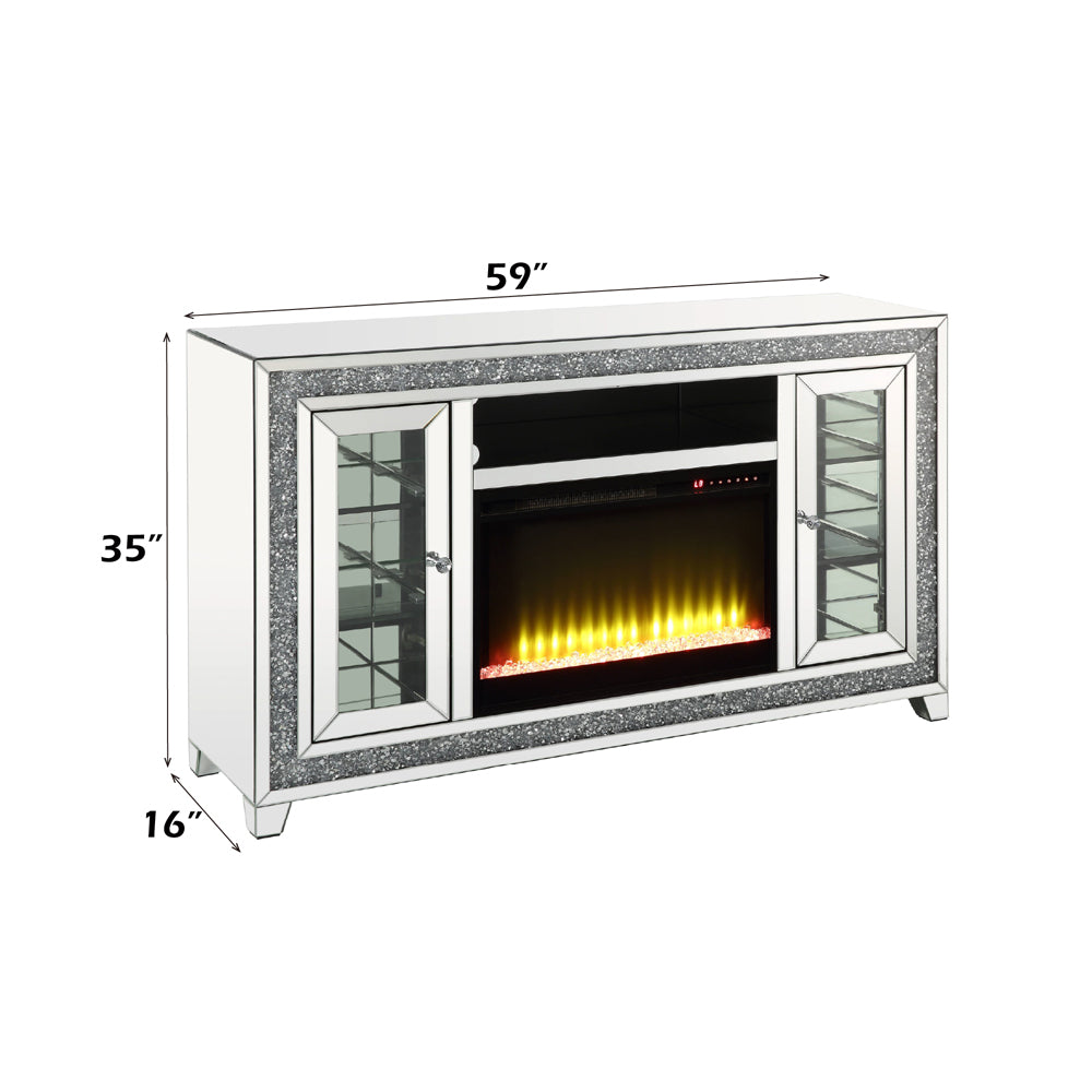 Noralie Mirrored/Faux Diamonds Tv Stand w/ Fireplace & Led