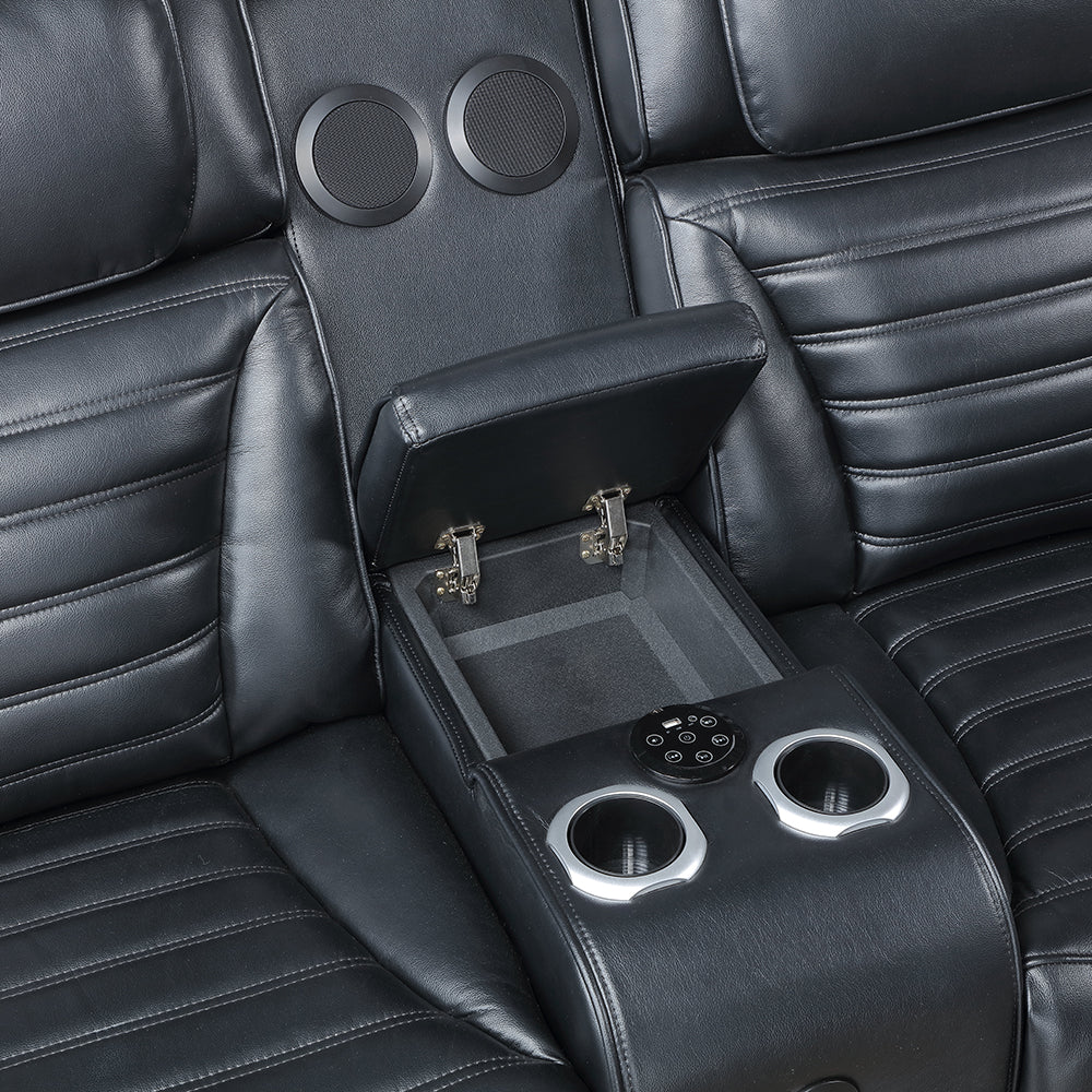 Ephron Black Power Motion Loveseat w/ Console, Power Headrests, LED & Speakers