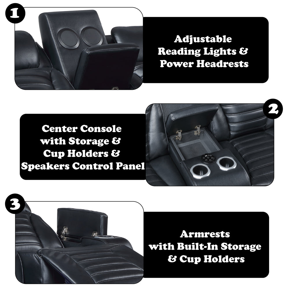 Ephron Black Power Motion Loveseat w/ Console, Power Headrests, LED & Speakers