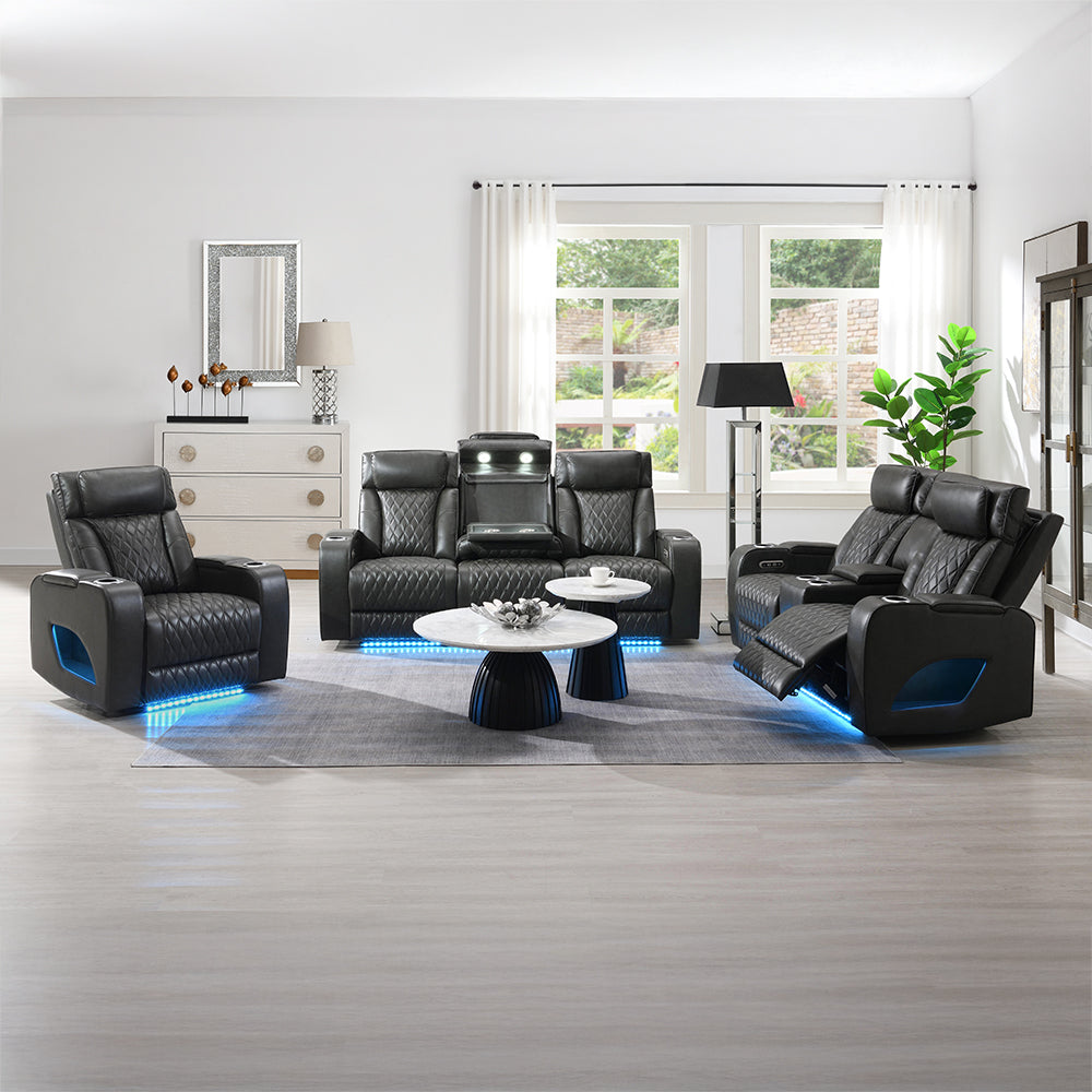 Taddeo Dark Gray Leatherette Power Motion Sofa w/Dropdown Table