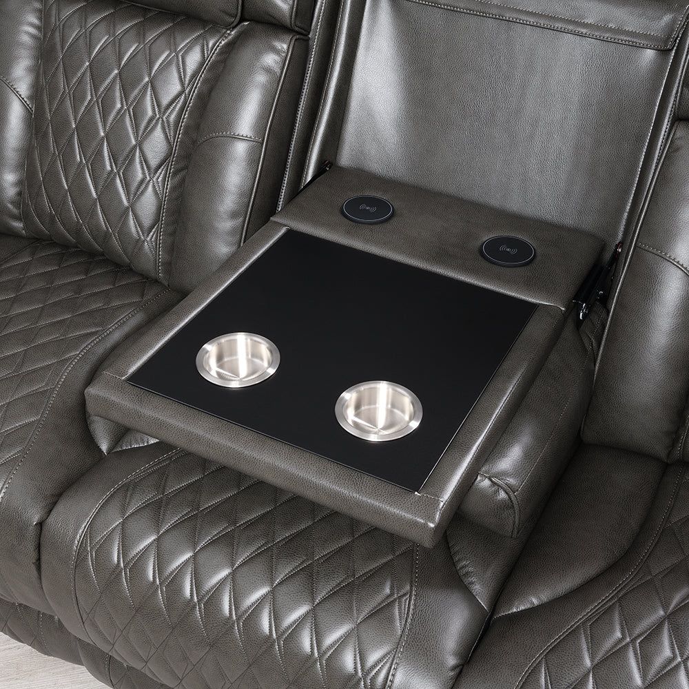 Taddeo Dark Gray Leatherette Power Motion Sofa w/Dropdown Table