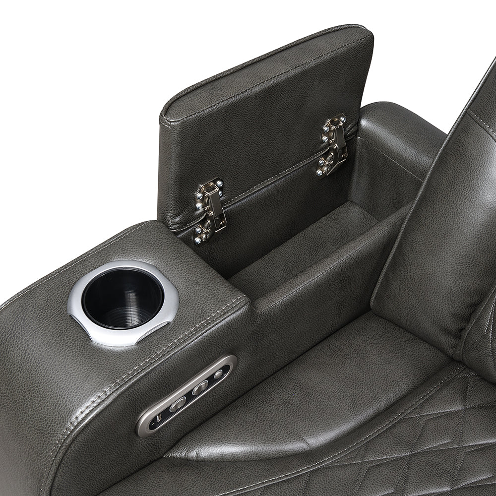 Taddeo Dark Gray Leatherette Power Motion Sofa w/Dropdown Table
