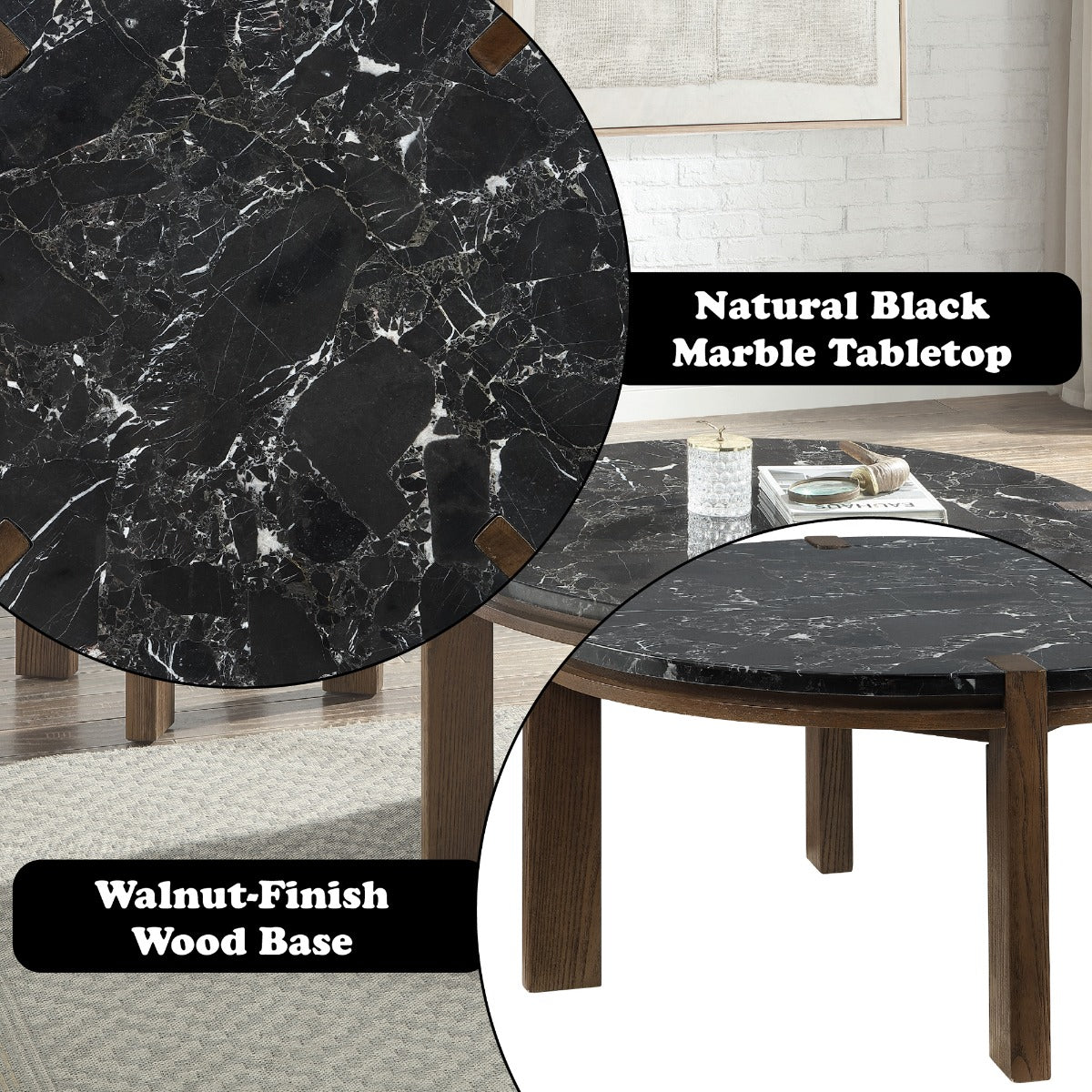 Estella Black/Walnut Coffee Table w/Marble Top