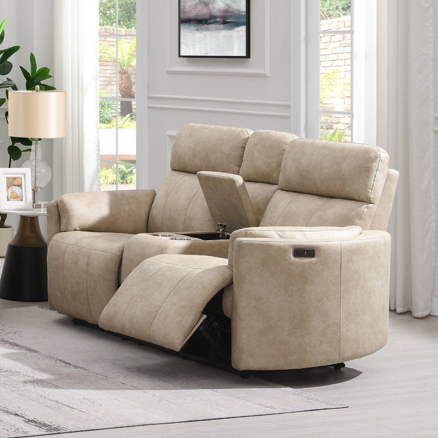 Elison Beige Power Motion Loveseat W/Console & Storage
