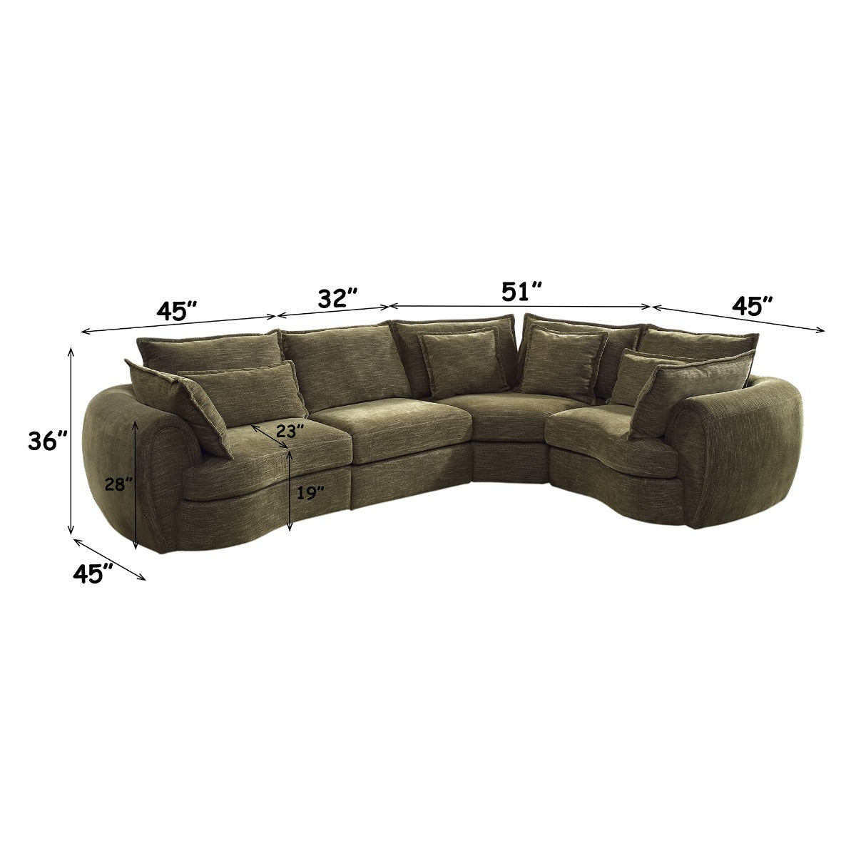 Leighton Green Modular - Left Facing Arm Chair W/3 Pillows