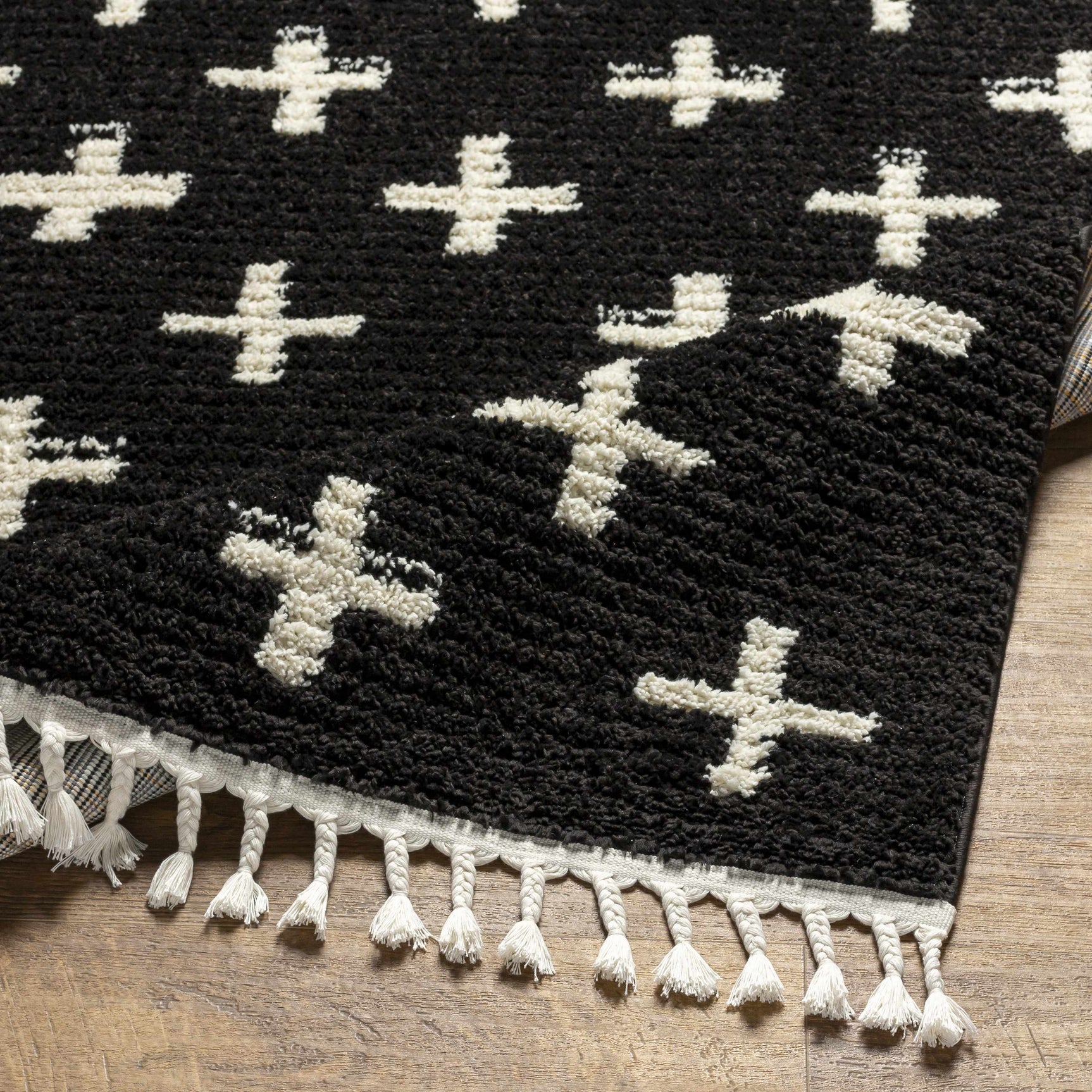 Anda White Cross on Black Plush Rug - Clearance