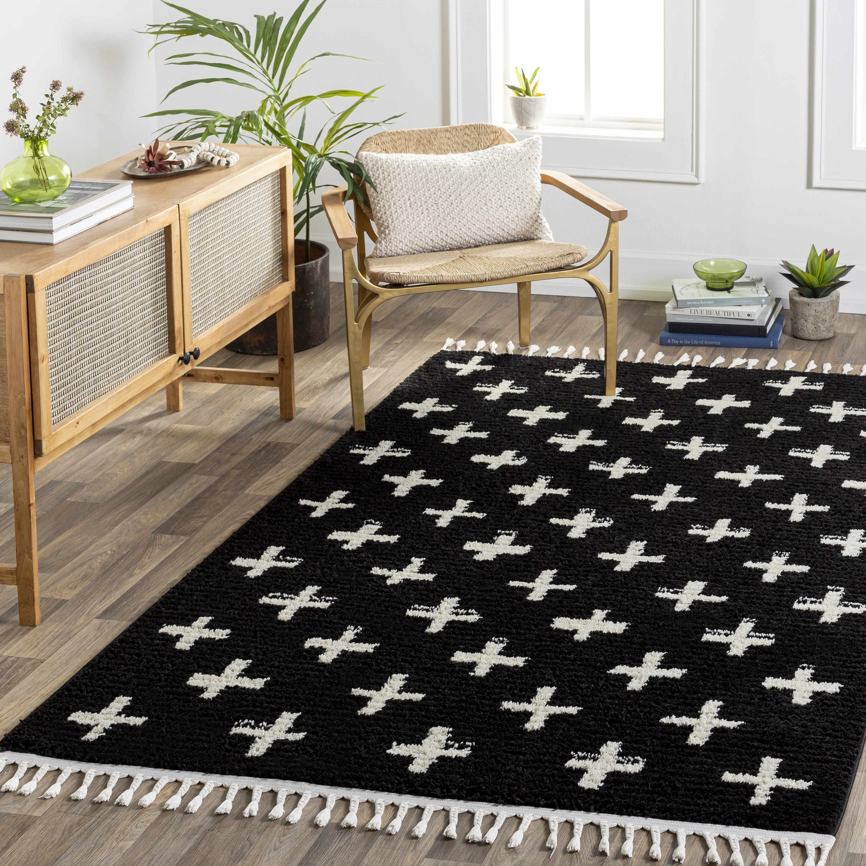 Anda White Cross on Black Plush Rug - Clearance