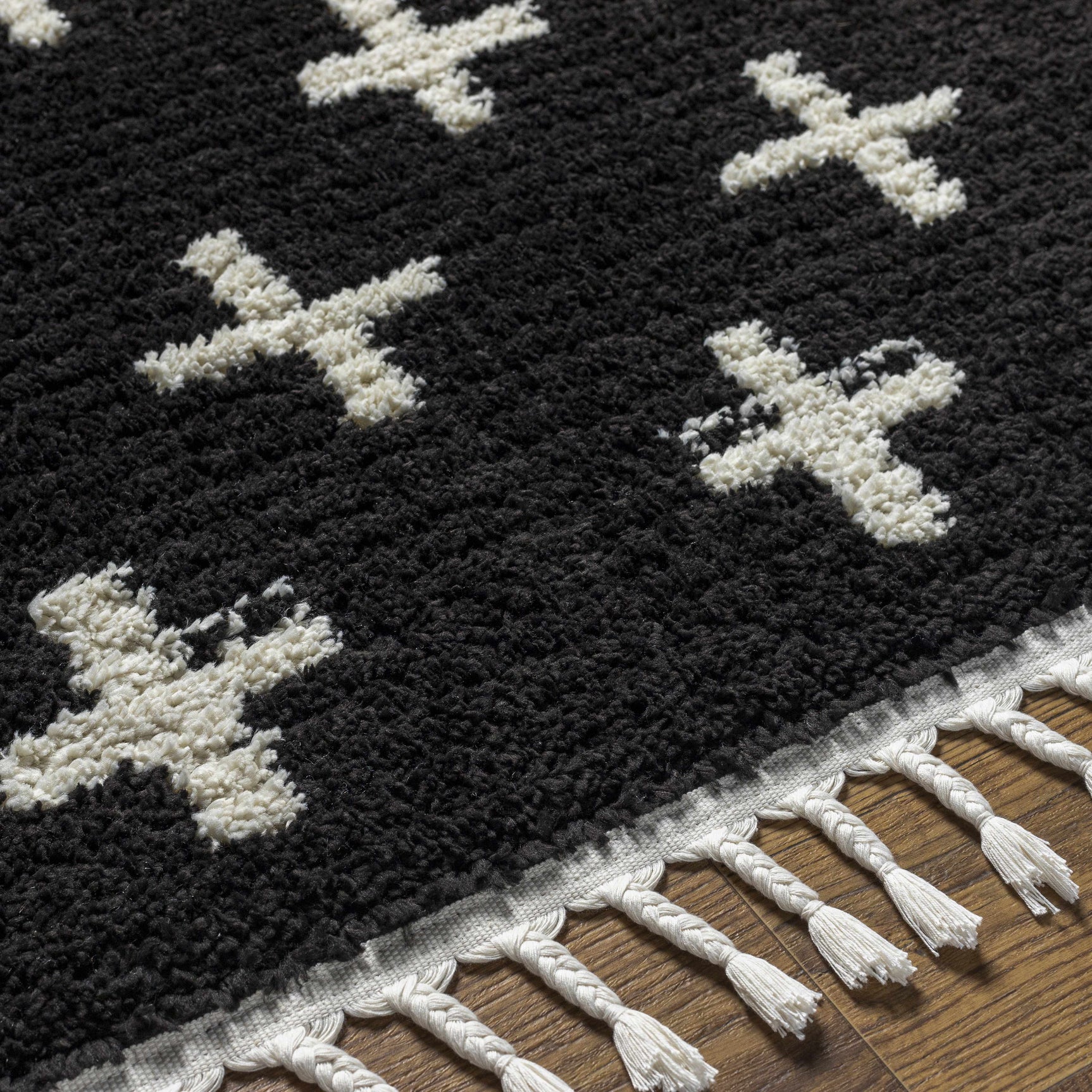 Anda White Cross on Black Plush Rug - Clearance
