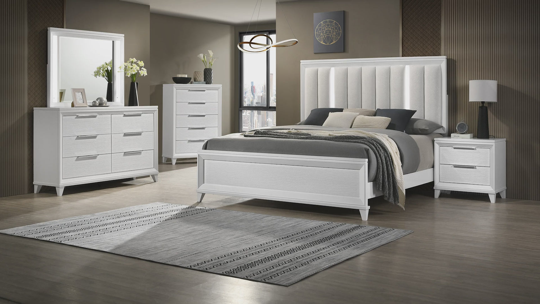 Cressida White Queen Upholstered LED Panel Bed