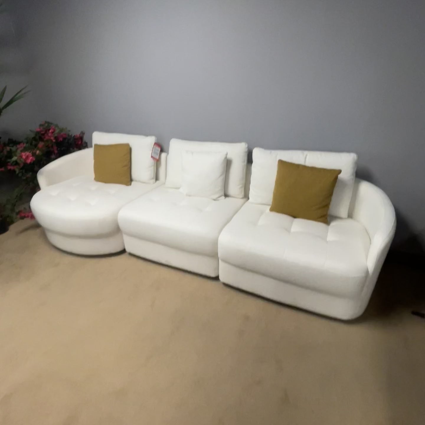 Anacapa 113" Ivory Teddy Sherpa Fabric Sofa, Mid Century Modern L-shape