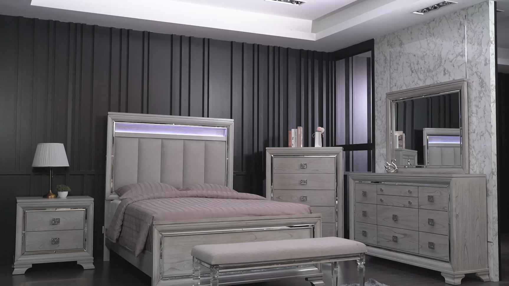 Vail Gray LED Upholstered Panel Bedroom Set