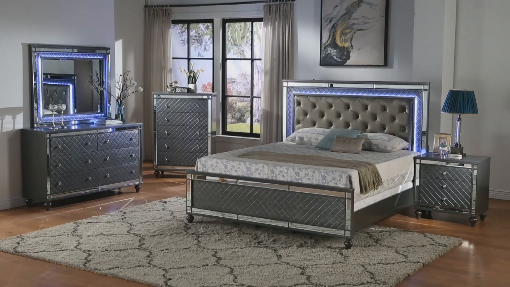 Refino Gray LED Upholstered Queen Panel Bed