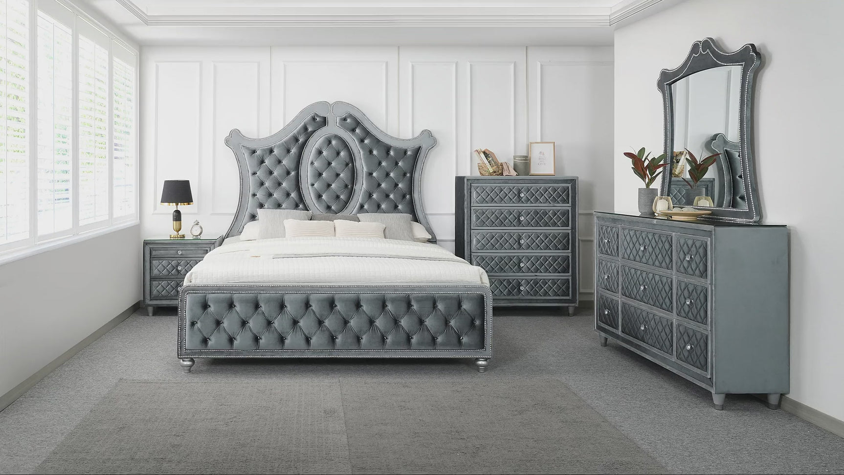 Cameo Gray Upholstered Panel Bedroom Set