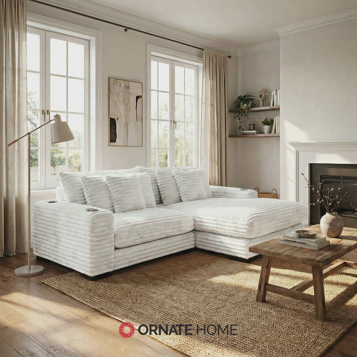 Lindyn II Ivory Jumbo Corduroy 2pc Reversible Sectional Sofa w/ Dual Cupholders & USB Ports